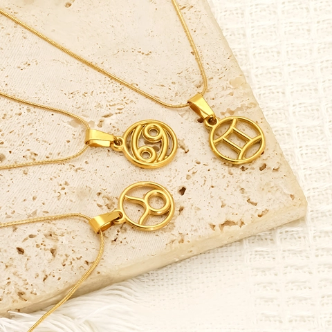 Collana Con Ciondolo 12 Segni Zodiacali Placcata Oro 18K Acciaio Inossidabile Tondo Cavo Gioielli Retrò Per Donna