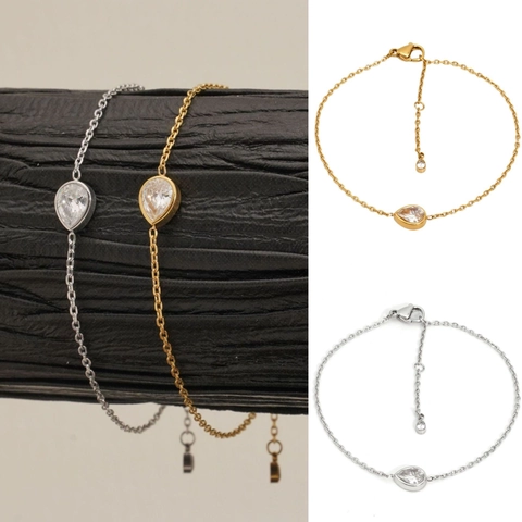 Minimalist Water Drop Zircon Bracelet Stainless Steel Dainty Delicate Chain Waterproof Tarnish Free Jewelry For Women