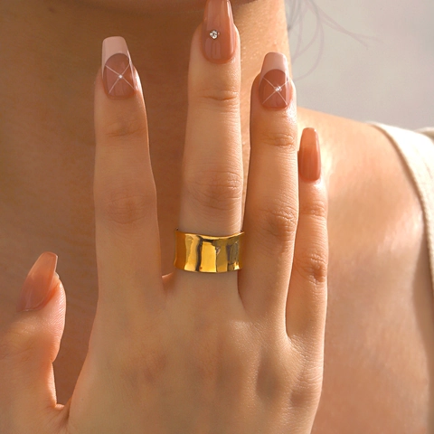 Anillo Ancho Textura Martillada Acero Inoxidable Diseño Abierto Ajustable Estilo Occidental Minimalista Mujer