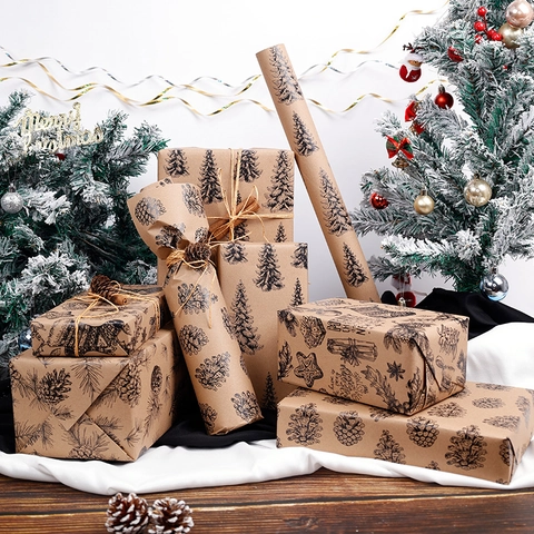 Christmas Wrapping Paper Kraft Paper Double Sided With Cutting Grid Lines Retro Pine Cone Tree Patterns Holiday Gift Wrap