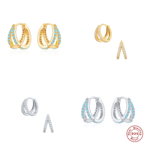Orecchini a Cerchio in Argento Sterling 925 con Doppia Fila di Zirconia e Turchese Orecchini Huggie Incrociati Geometrici per Donna