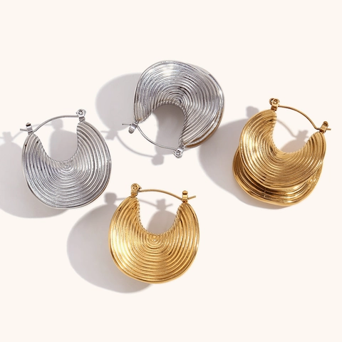 Pendientes De Aro Chunky Acero Inoxidable 316L Chapado En Oro De 18K Textura Espiral Roscada Forma C Vintage Mujeres