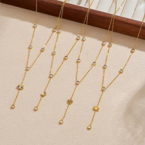 Rétro Luxe Acier Inoxydable Cœur Nœud Lune Pendentif Collier Plaqué Or Double Couche Chaîne de Clavicule Strass Bijoux pour Femme Cadeau