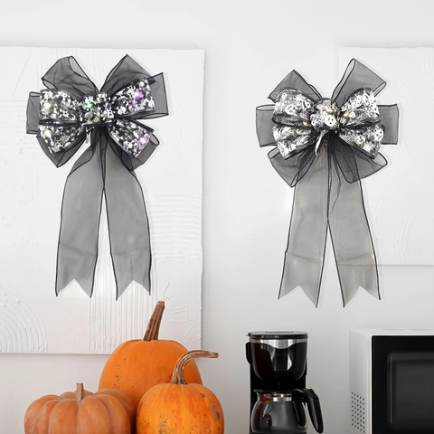 Halloween LED Glowing Mesh Bow Decoration Large Black Silver Skull Pattern Bowknot Fairy Lights Party Wall Home Decor