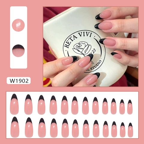 Uñas Postizas Almendradas Puntas Francesas Negras Cobertura Completa Plástico ABS Elegante Rosa Nude Uñas Artificiales Mujeres