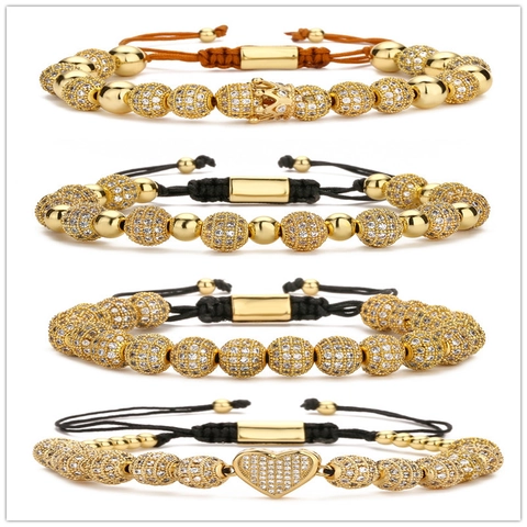 Handgefertigtes Geflochtenes Seilarmband Kupferperlen Zirkonia Pflasterkugeln Krone Herz Charme Verstellbarer Schmuck