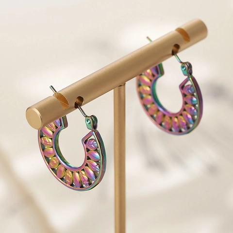 Stainless Steel Leaf Pattern Hoop Earrings Colorful Gradient Hollow Out Design Fashion Jewelry Accessories For Women