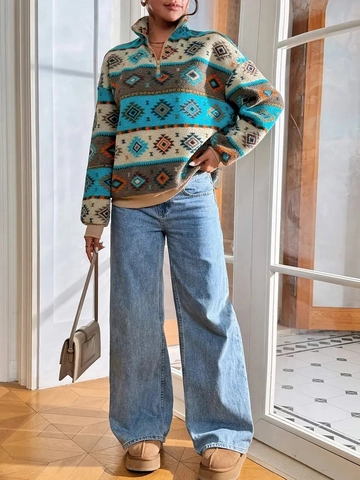 Women Aztec Geometric Print Sherpa Fleece Sweatshirt Half Zip Stand Collar Ethic Bohemian Pullover Long Sleeve Casual