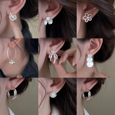 Alloy Zircon Faux Artificial Pearl Stud Earrings Floral Geometric Bow With Silver Earring Post For Women Minimalist Elegant Niche