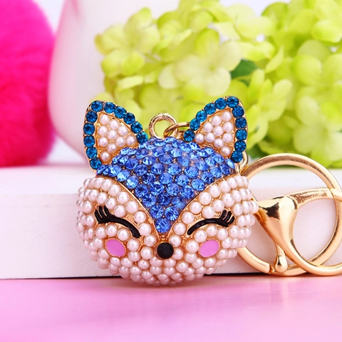 Cute Rhinestone Fox Head Keychain For Women Zinc Alloy Artificial Pearl Animal Bag Charm Metal Key Chain Ring Gift