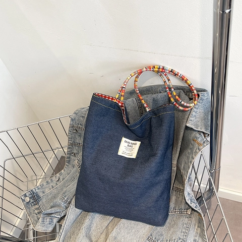 Retro Denim Canvas Tote Bag Colorful Beaded Handle Versatile Plaid Patchwork Shoulder Bag Women Daily Commute