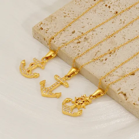 Collier Pendentif Ancre Acier Inoxydable Plaqué Or 18K Avec Zircone Bijou Style Nautique Pour Femmes