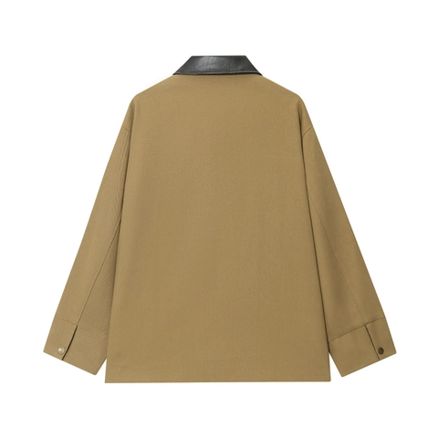 Giacca Da Lavoro Donna Cachi Tela Di Cotone Con Colletto In Similpelle Ganci In Metallo Vintage Giubbotto
