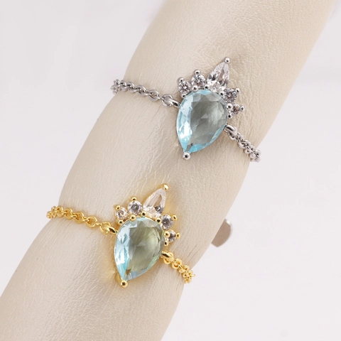 Elegante Anello A Catena Da Donna Rame Placcato Oro 18K Zircone Blu Regolabile Gioielli Di Design