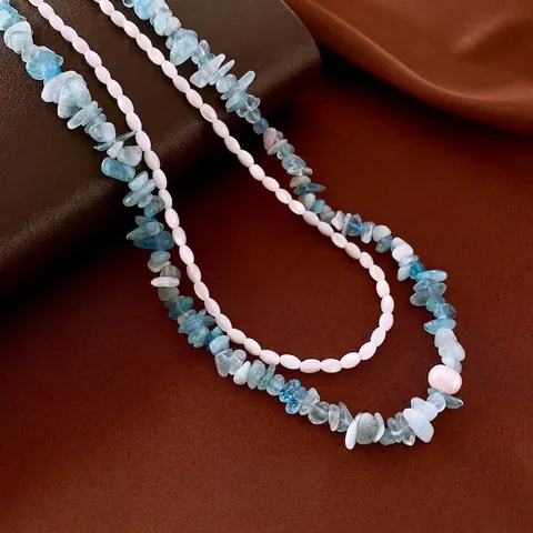 Double Layer Aquamarine Chip And Freshwater Pearl Necklace Bracelet Geometric Shell Bead Elegant Women Jewelry Accessory