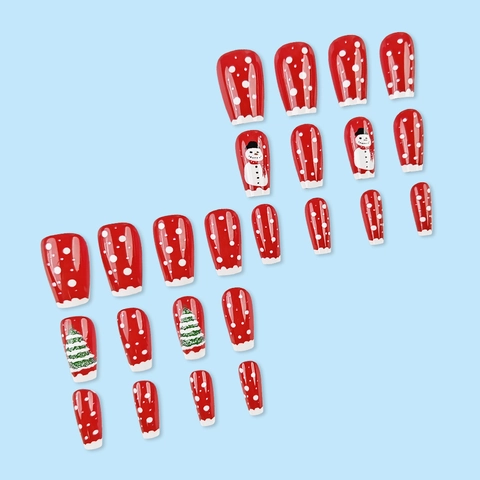 Red Christmas Press On Nails Snowman Christmas Tree Short Square Plastic Artificial Fake Fingernails Holiday Manicure