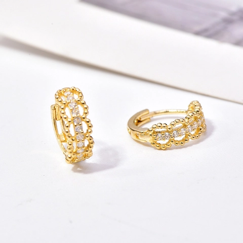 Orecchini A Cerchio In Rame Placcati Oro Retrò Con Bordo Perlato E Zirconia Cubica Bianca Eleganti