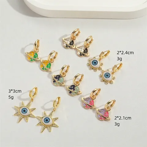 Pendientes Largos de Cobre Circonia Planeta Saturno Ojo Turco Para Mujer Esmalte Retro Estrella Joyería Celestial Accesorios Fiesta