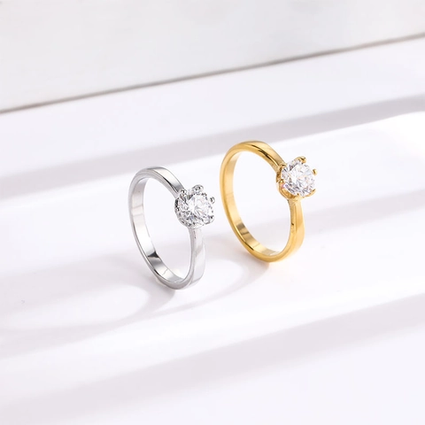 Anillo Solitario Circonita Brillante Acero De Titanio Engaste De Seis Garras Minimalista Moda Joyas De Compromiso Para Mujer
