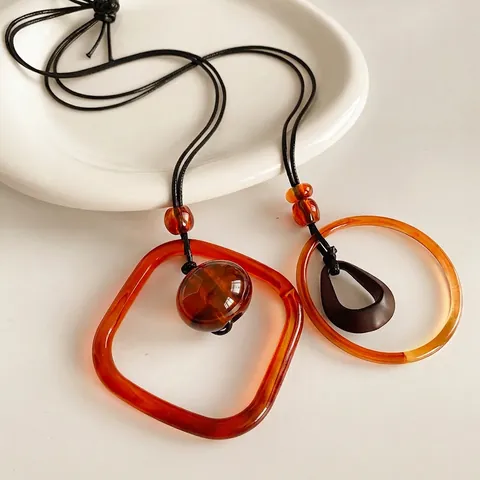 Collier Longue Pendentif Acrylique Résine Géométrique Carré Rond Ambre Cadre Corde Cire Rétro Ethnique Chaîne Pull Femmes