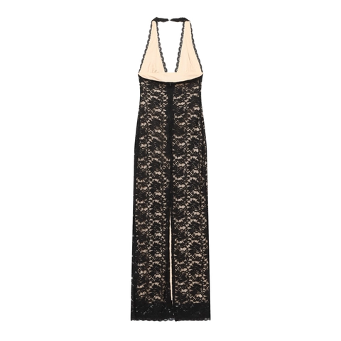 Halter Neck Lace Maxi Dress Backless V-Neck Split Bodycon Sleeveless Elegant Evening Party Wear For Women