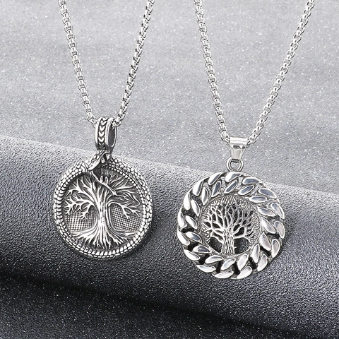 Norse Mythology World Tree Jormungandr Serpent Pendant Necklace Stainless Steel Antique Viking Rune Men Jewelry