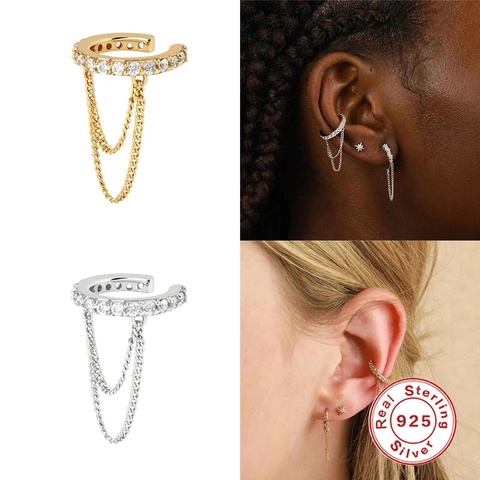 Orecchini A Clip Ear Cuff In Argento Sterling 925 Con Nappa Doppia Catena Zirconia Cubica Per Donna Lunghi