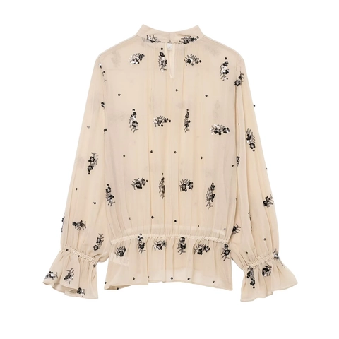 Women Blouse Long Sleeve Top Sheer Mesh Chiffon Sequin Black Flower Embroidery Stand Collar Ruffle Cuff Elastic Waist Beige