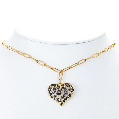 Leopard Print Heart Pendant Necklace Copper Micro Pave Zircon Paperclip Chain Fashion Jewelry For Women Elegant