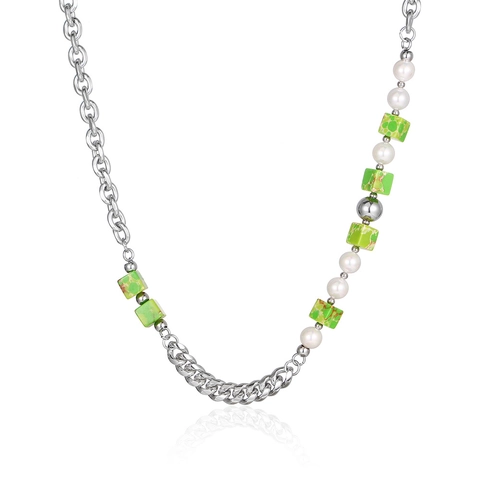Hip Hop Splicing Necklace Stainless Steel With Green Natural Stone Cube And White Artificial Pearl Streetwear Jewelry For Men Women