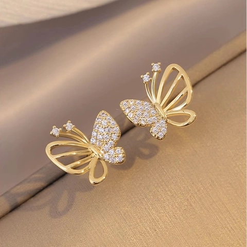 Pendientes De Mariposa Con 925 Sterling Silver Earring Post Cobre Chapado En Oro Asimétrico Hueco Pavé De Circonita