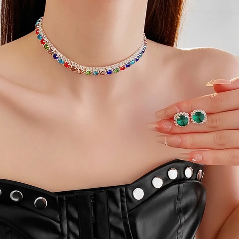 Elegant Square Colorful Zircon Necklace And Stud Earrings Copper Clavicle Chain For Women Fashion Luxury Accessories