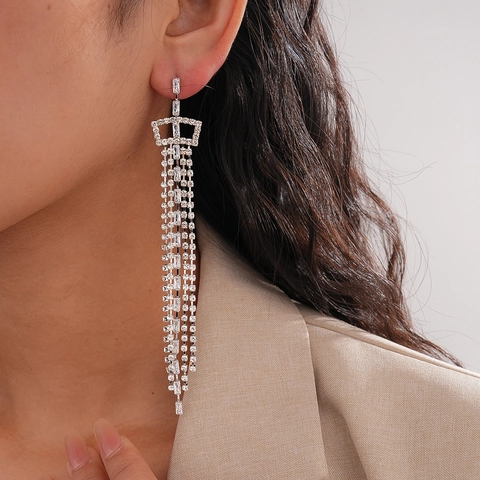 Lange Quasten-Ohrhänger Mit Silbernem Ohrstecker Kupfer Zirkon Rheinstahl Geometrischer Luxus Mode Schmuck Für Frauen