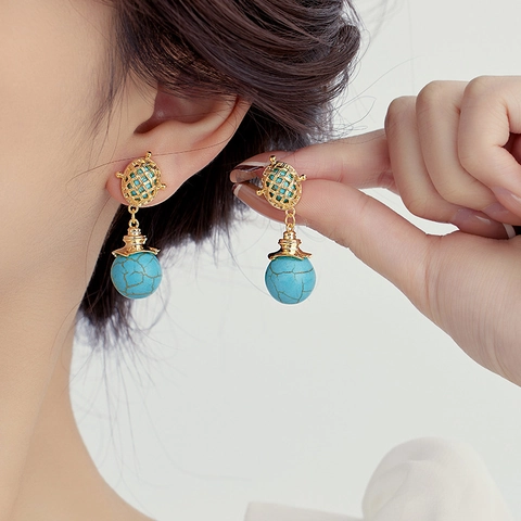 Boucles d'Oreilles Ethniques en Cuivre Turquoise pour Femmes Plaquées Or Boucles d'Oreilles Boule Creuse Tige en Argent 925