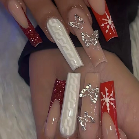 Press On Nails Lang Sarg Rot Glitzer Französische Spitzen Mit 3D Pullover Textur Legierung Silber Schmetterling Strass Schneeflocke