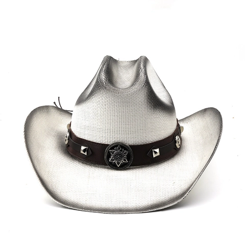 Western Cowboy Hut Papierstroh Breite Krempe Sonnenschutz Retro Sternnieten Lederband Strand Reise Für Herren Damen