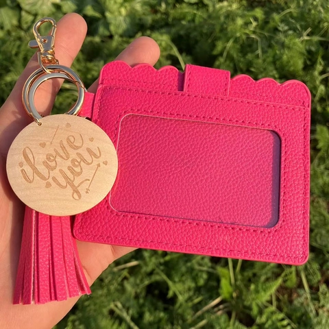 Card Holder Keychain PU Leather ID Case With Tassel Engraved Heart Wood Charm Scalloped Edge For Women