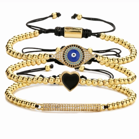 Bracciale Intrecciato Regolabile Cuore Occhio Del Diavolo Con Perline Oro Rame Micro Zircone Fascino Barra Geometrica