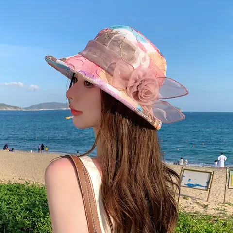 Chapeau Bob de Protection Solaire Été Femmes Polyester Imprimé Floral Grande Fleur en Maille Pliable Plage Mode 8440