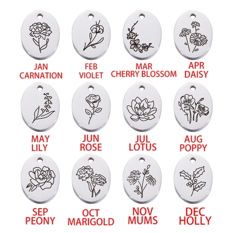 Oval Birth Flower Pendant 304 Stainless Steel Etched Mirror Polished Jewelry Making Findings DIY Necklace Charm Accessories