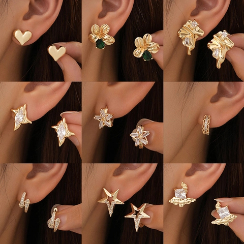 Orecchini In Rame Placcati Oro 14K Donna Geometrico Cuore Stella Fiore Zircone Clip Orecchio Gioielli