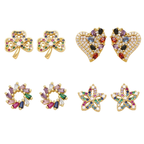 Westlicher Stil Kupfer Zirkonia Ohrstecker Bunte Mikro-Eingelegt Herz Blume Stern Gold Überzogene Ohrstecker Für Damen