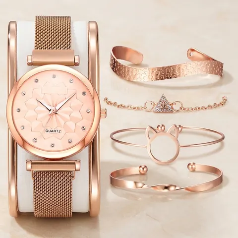 Women Fashion Quartz Watch Bracelet Set Rose Gold Magnetic Milanese Mesh Strap Floral Dial Rhinestone Jewelry Set For Ladies