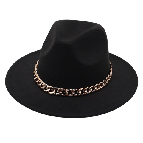 Elegant Woolen Fedora Hat With Metallic Chain Decor Wide Brim Vintage Jazz Cap For Men Women Fashion Headwear