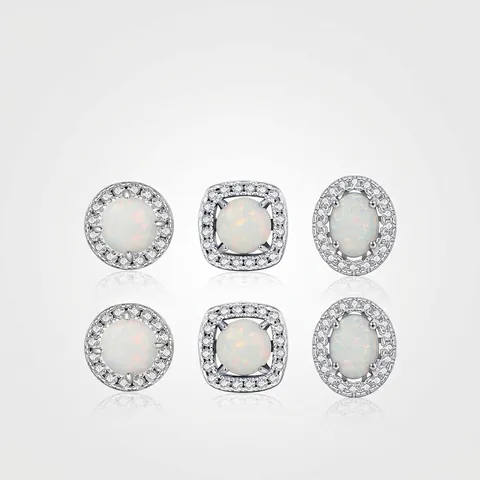 Pendientes De Botón De Opalo Sintético Geométrico Con Poste De Plata De Ley 925 Halo De Circón Joyería Vintage Para Mujeres