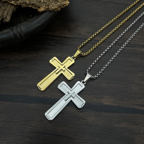 Stainless Steel Double Layer Cross Pendant Necklace For Men Vintage Hip Hop Brushed Metal Religious Jewelry Gift