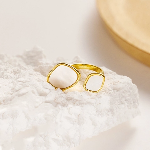 Anello Aperto Regolabile Acciaio Inossidabile Intarsio Conchiglia Bianca Asimmetrico Geometrico Vintage Elegante Gioielli Donna