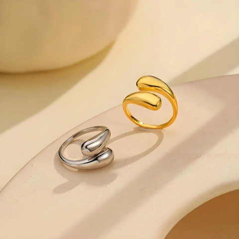 Irregular Water Drop Open Adjustable Ring 316L Stainless Steel Wrapped Twisted Design Minimalist Polished Jewelry