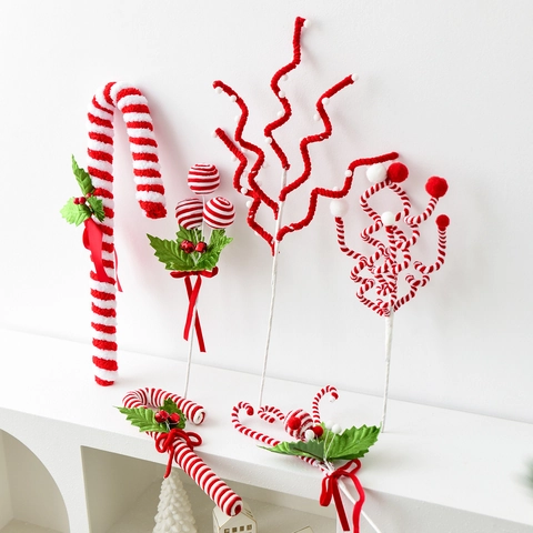 Christmas Decorative Picks Stems Candy Cane Ornaments Red White Striped Plush Yarn For Christmas Tree DIY Party Decor