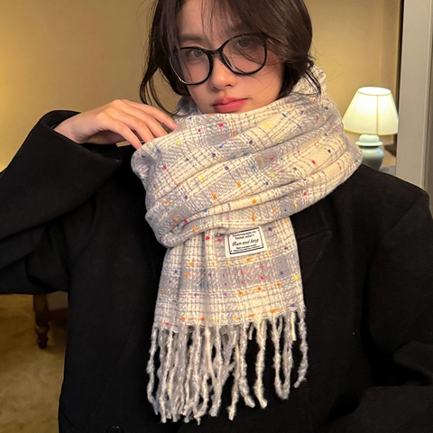 Women Korean Style Winter Warm Scarf Faux Cashmere Plaid Colored Polka Dots Long Scarf With Tassels Soft Warp Knitting Wrap Shawl